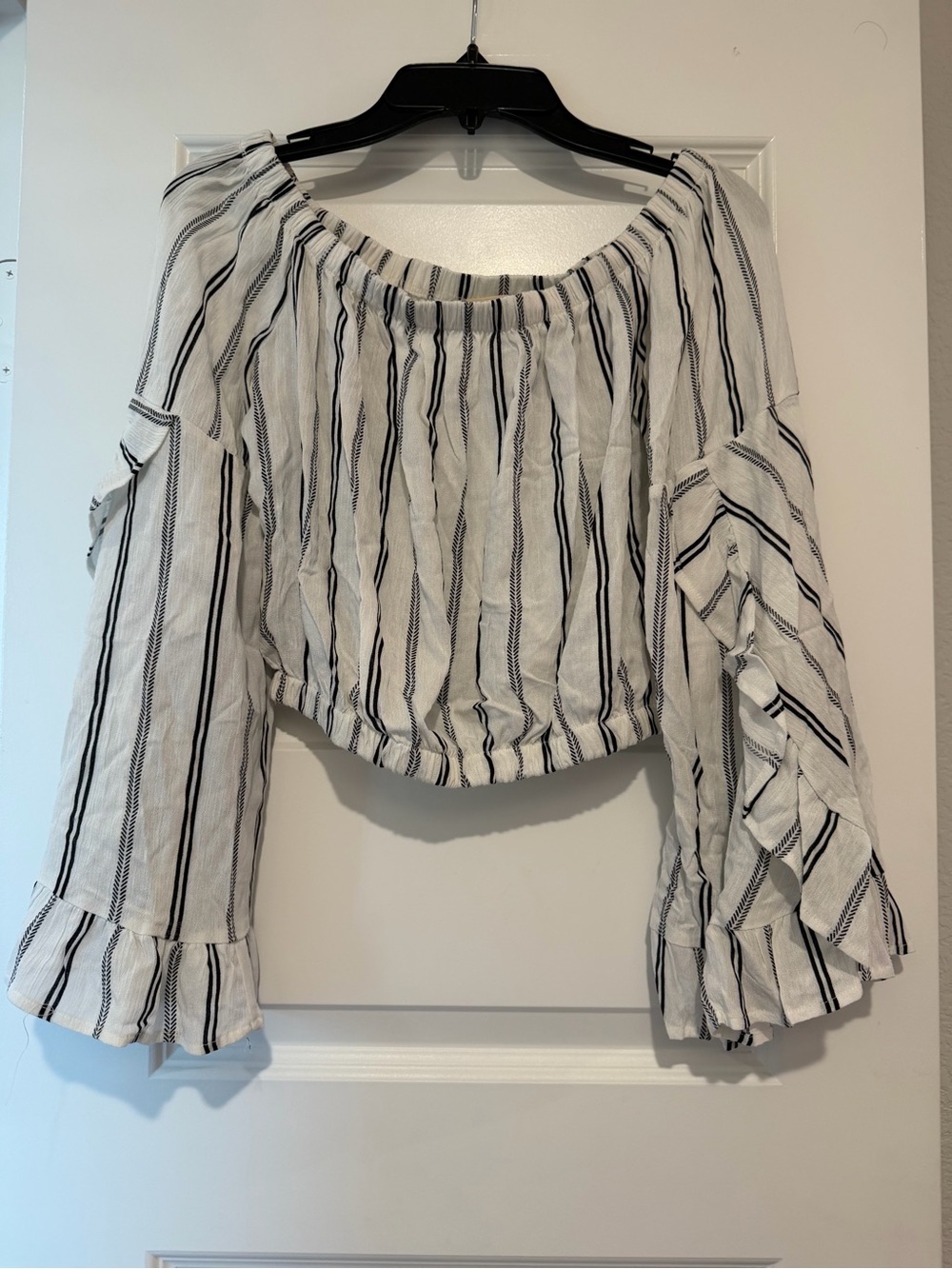 Altar’d State White & Black Striped Off Shoulder Ruffle Bell Sleeve Crop Top S